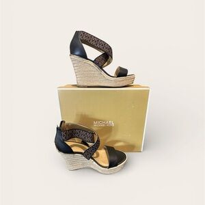 Michael Kors Black and Tan Wedge Sandals